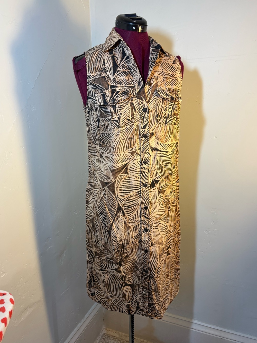 Ralph Lauren Lauren 100% Linen sleeveless shirt dress leaf zebra print medium